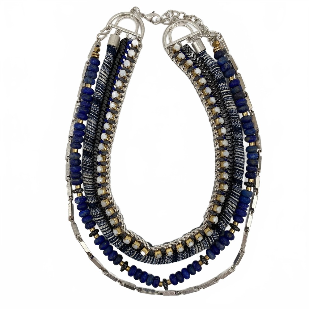 Stella & Dot Blue Silver Layered Chunky Necklace | OS Regular